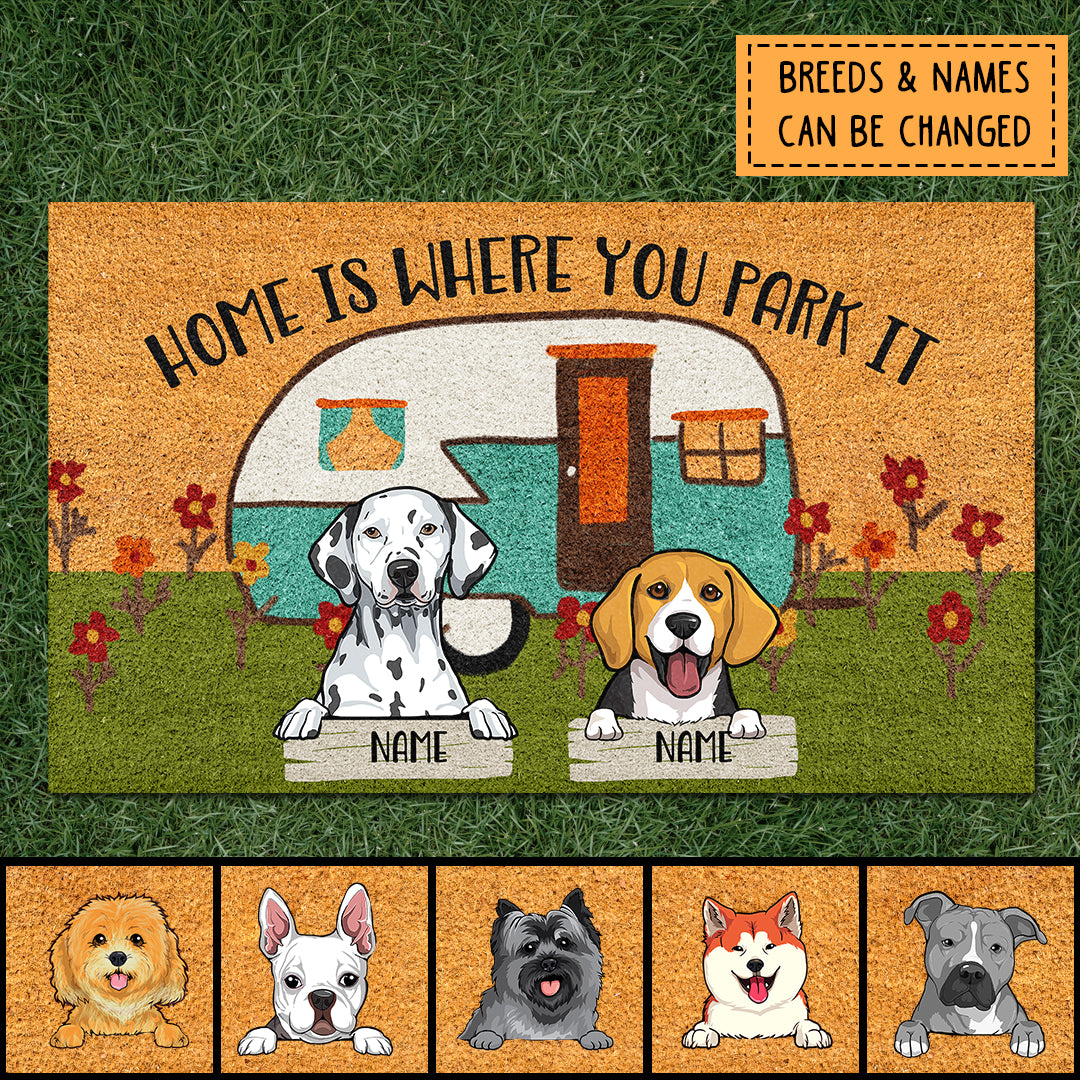 Home Is Where You Park It Camper Van, Colorful Camping Bus With Flower Garden, Personalized Dog Doormat