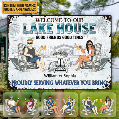 Poolside Grilling Listen To The Good Music Couple Husband Wife Pride - Backyard Sign - Personalized Custom Classic Metal Signs